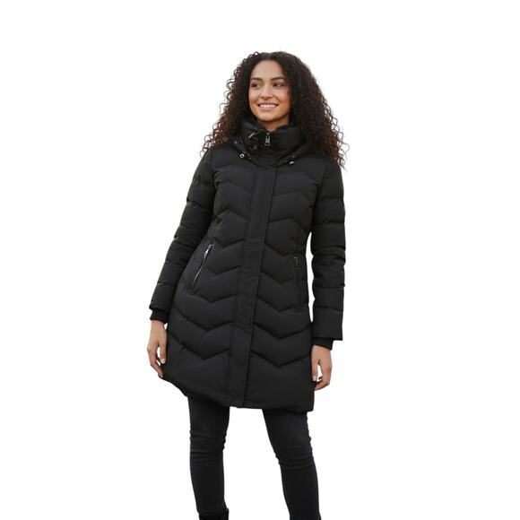 Andrew Marc Women Black Zipper Front Faux Fur Hoodie Puffer Coat Size M - NWT - Picture 1 of 10